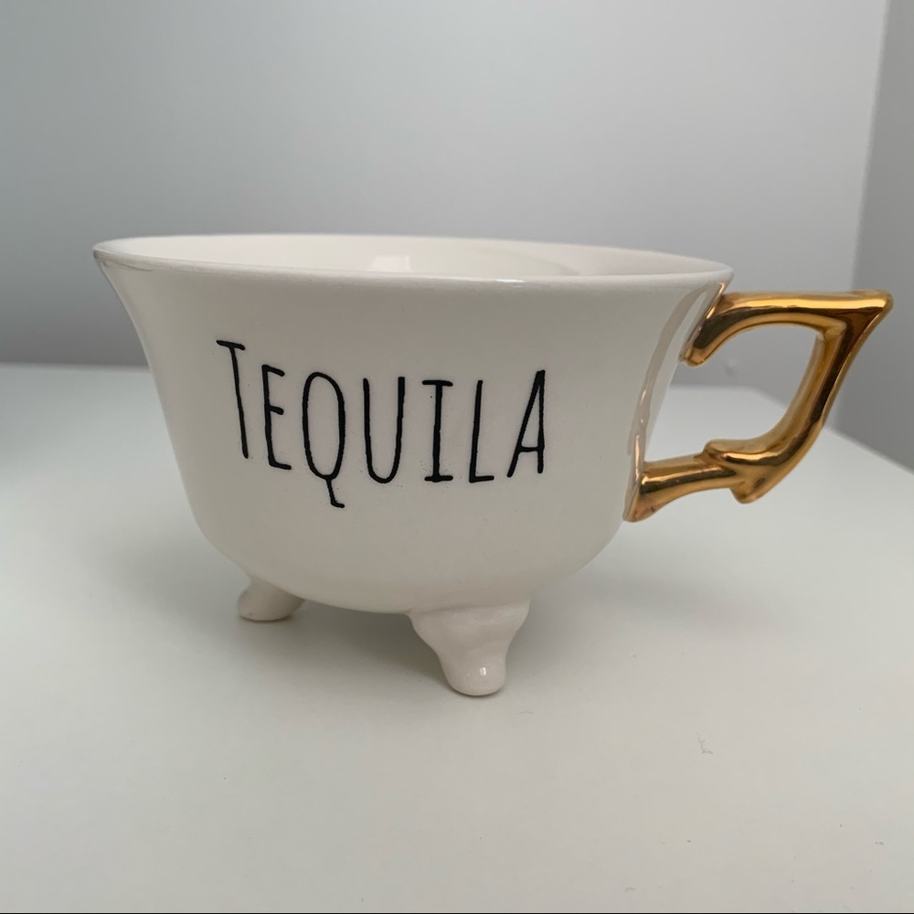 ‘Tequila’ mug cup white black writing three legs gold handle